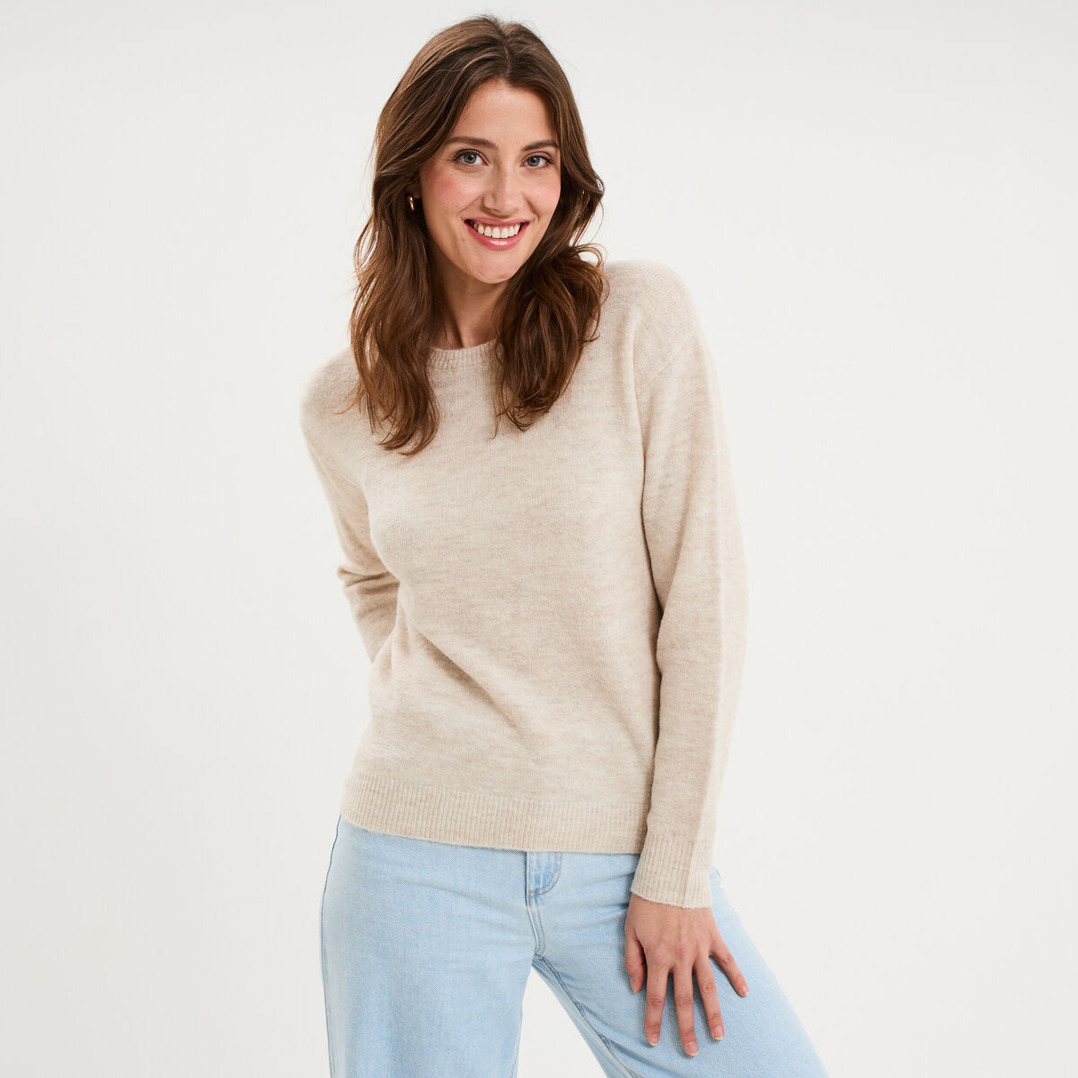 Pull col rond manches longues ecru femme