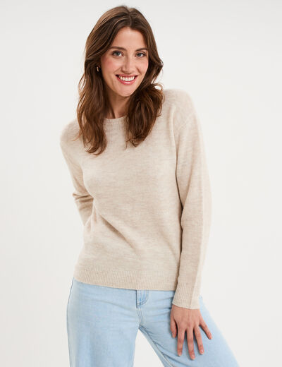 Pull col rond manches longues ecru femme