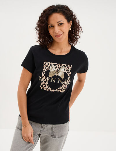 T-shirt manches courtes coton Minnie noir femme