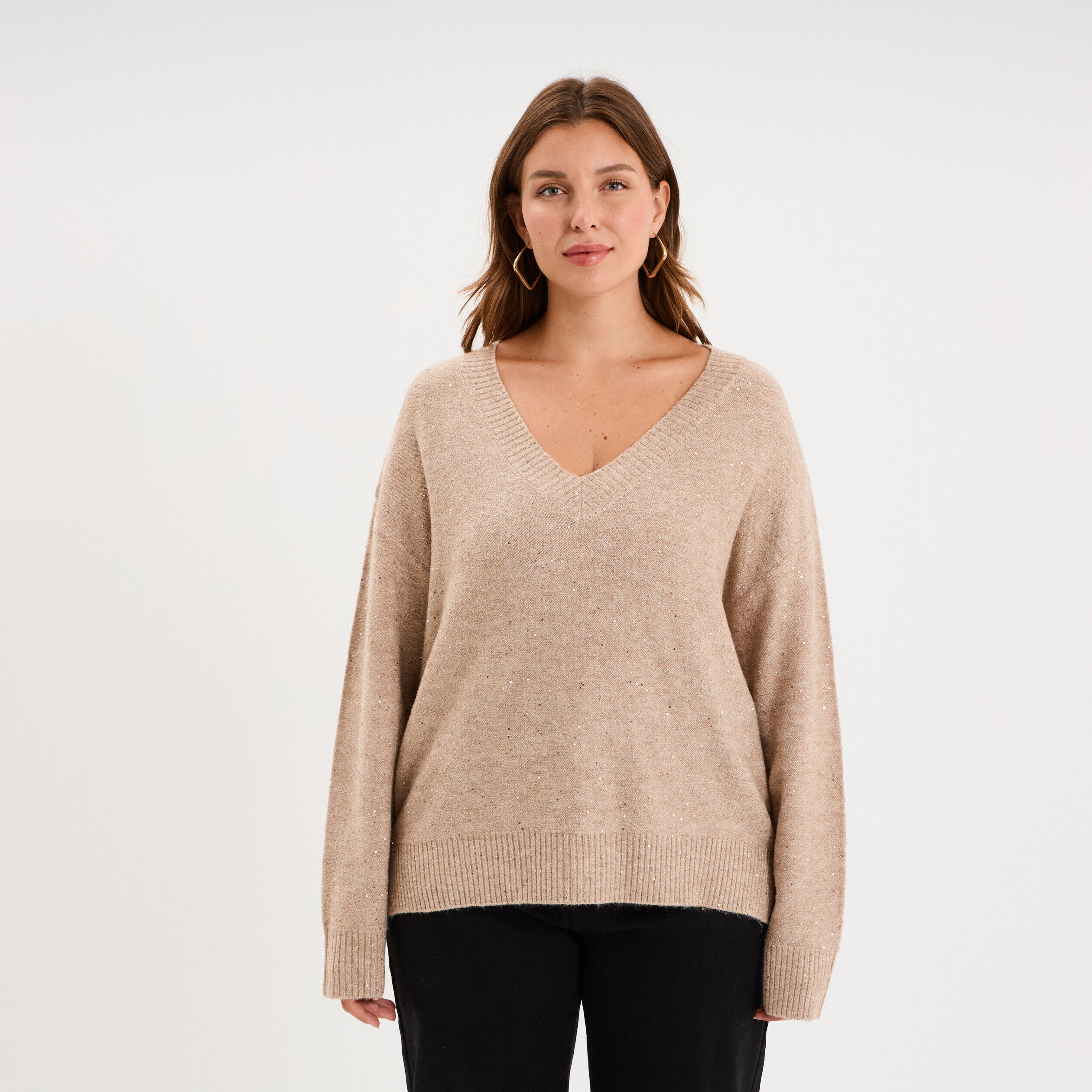 Pull droit sequins col V manches longues beige femme grande taille LH
