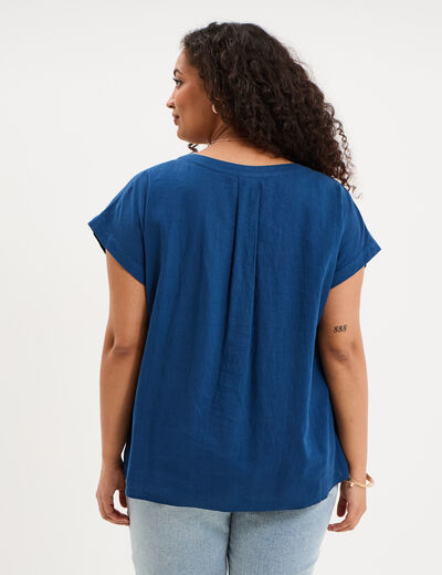 Blouse col V manches courtes m&eacute;lange lin bleu marine femme grande taille