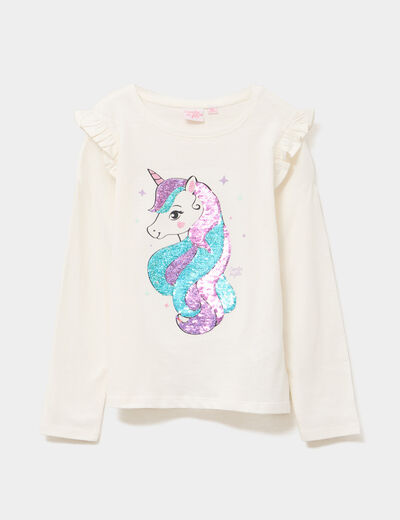T-shirt à sequins manches longues coton ivoire fille