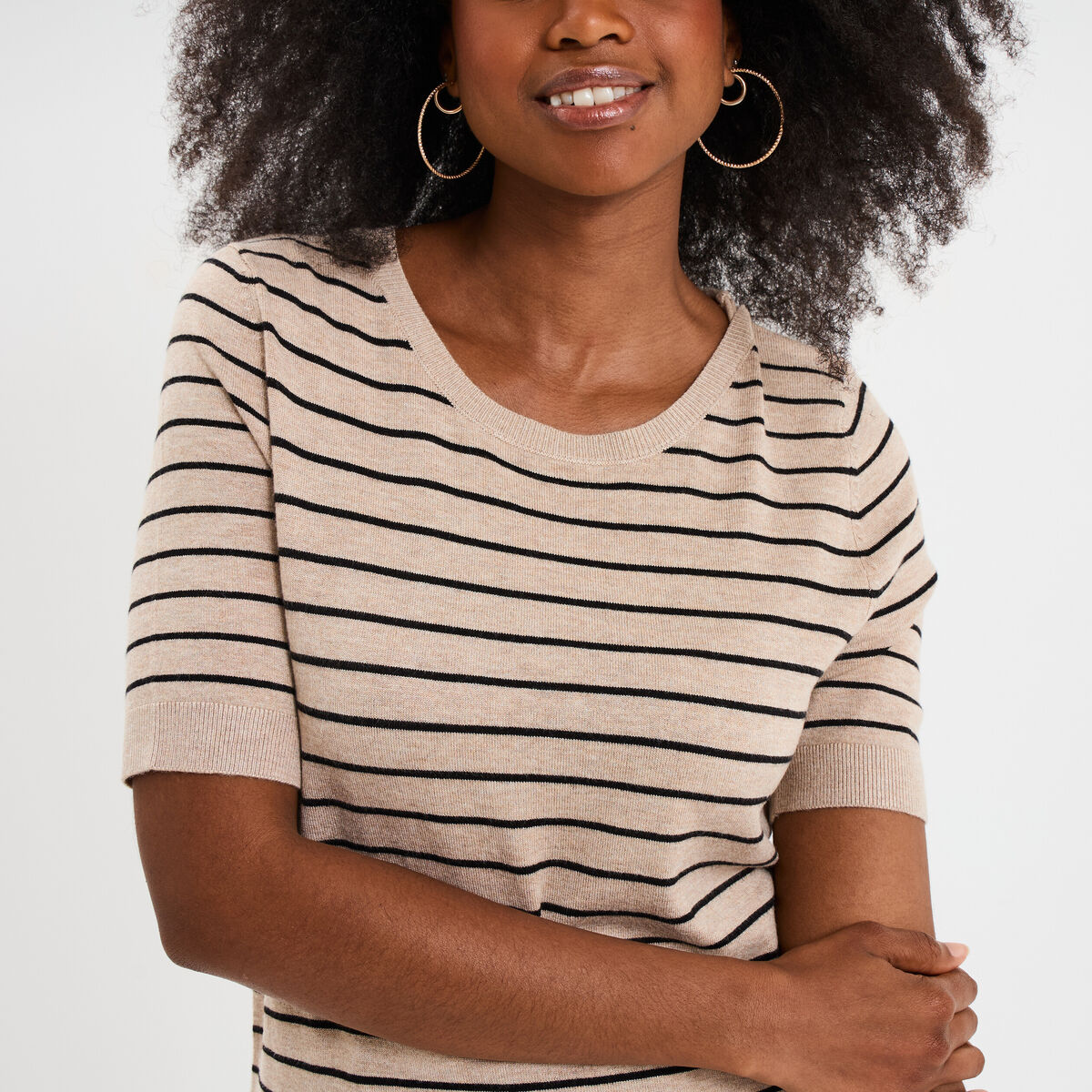 Pull manches courtes col rond beige femme