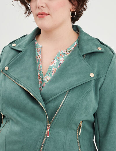 Blouson zippé effet suédine style biker vert foncé femme grande taille