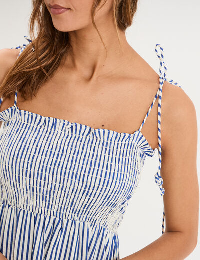 Robe longue &agrave; bretelles et haut smock&eacute; bleu femme