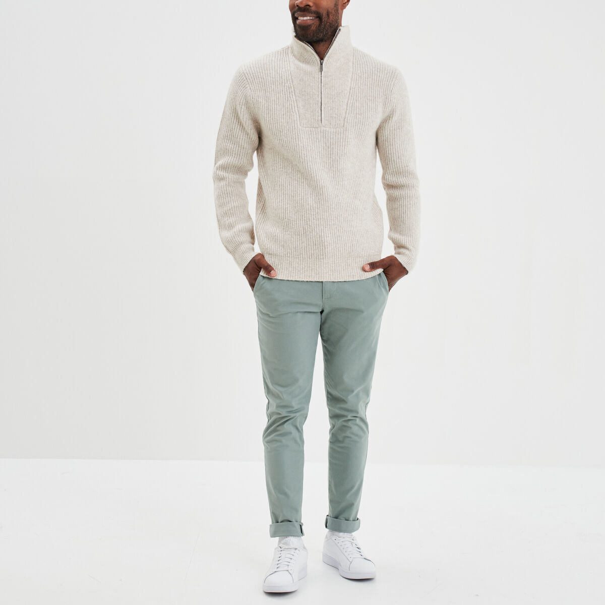 Pull avec col camionneur côtelé beige homme