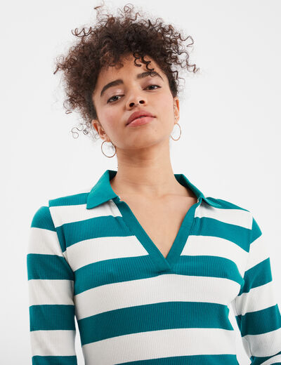 T-shirt col polo manches longues Creeks vert émeraude femme