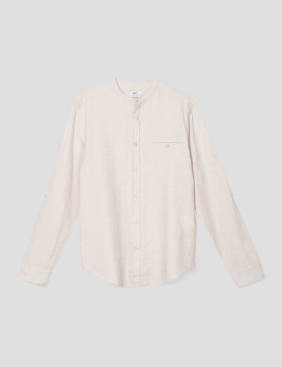 Chemise col mao lin mélangé gris clair homme