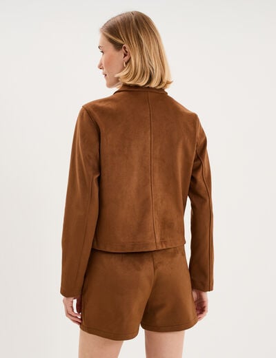 Veste courte effet su&eacute;dine boutonn&eacute;e camel femme