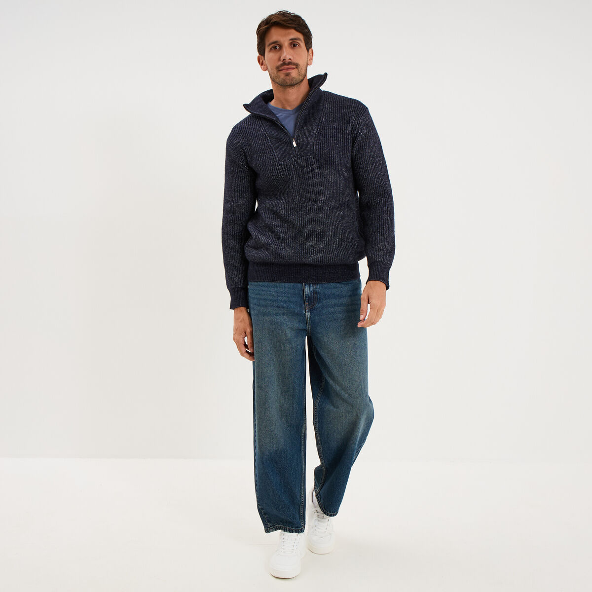 Pull avec col camionneur c&ocirc;tel&eacute; bleu fonc&eacute; homme
