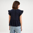 Blouse manches volants col en V coton bleu fonc&eacute; femme