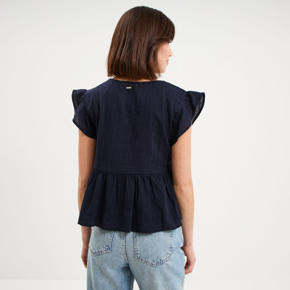Blouse manches volants col en V coton bleu fonc&eacute; femme