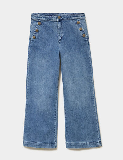 Jean large cropped &agrave; pont taille haute denim triple stone femme