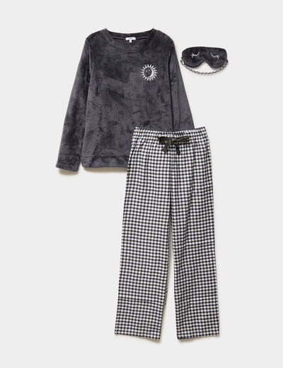 Ensemble pyjama effet polaire 3 pi&egrave;ces bleu marine femme