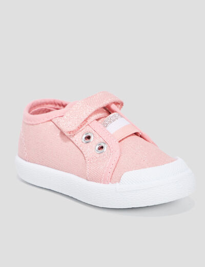 Tennis toile &agrave; scratchs semelle souple rose b&eacute;b&eacute; fille