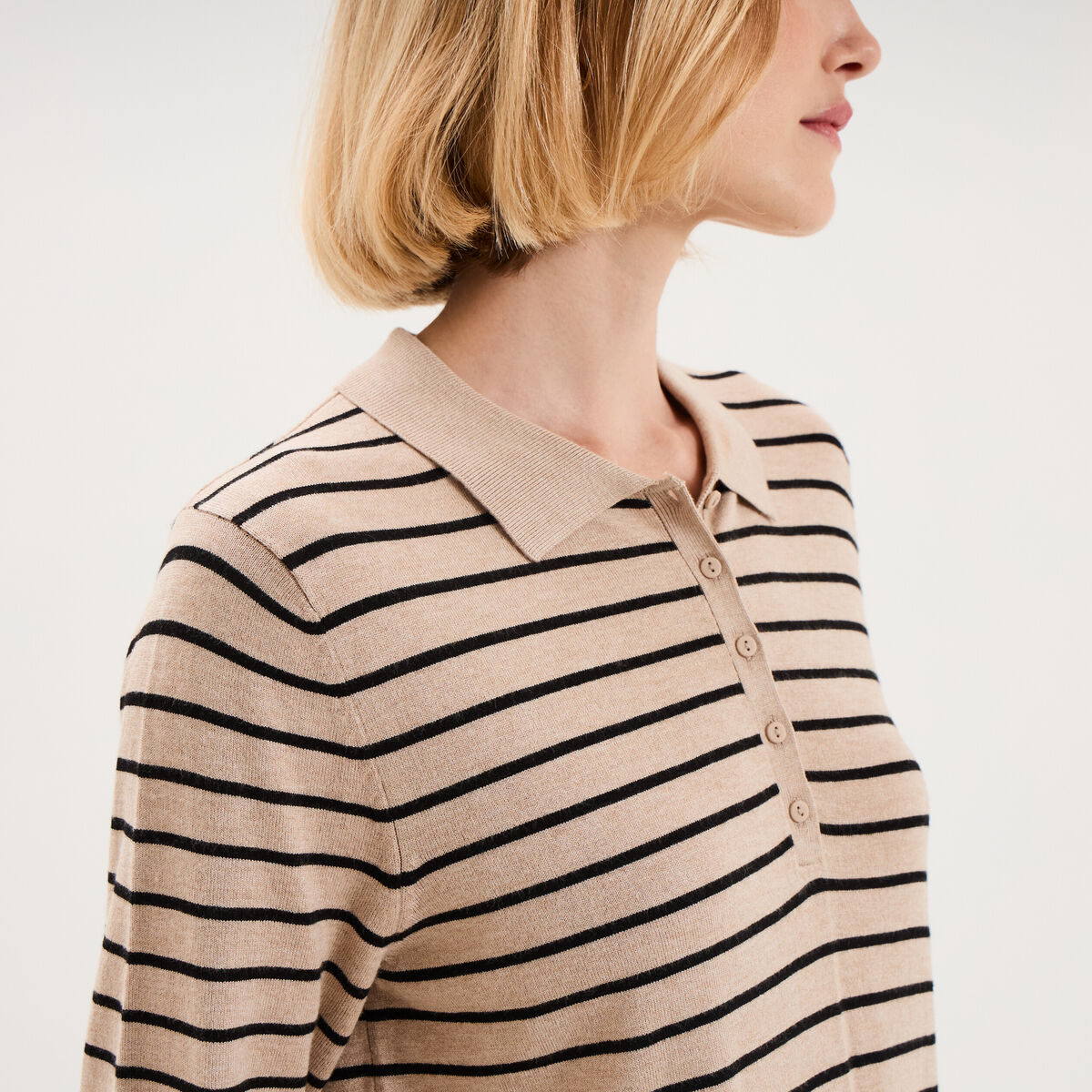 Pull col polo manches courtes beige clair femme