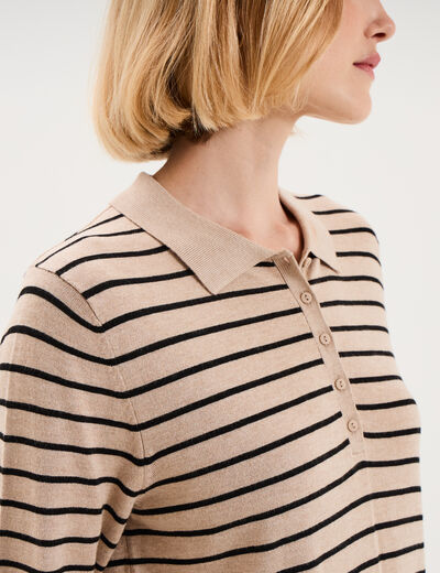 Pull col polo manches courtes beige clair femme