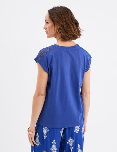T-shirt épaules broderie coton bleu roi femme