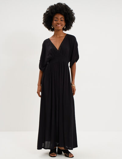 Robe fluide longue col et dos en V noir femme