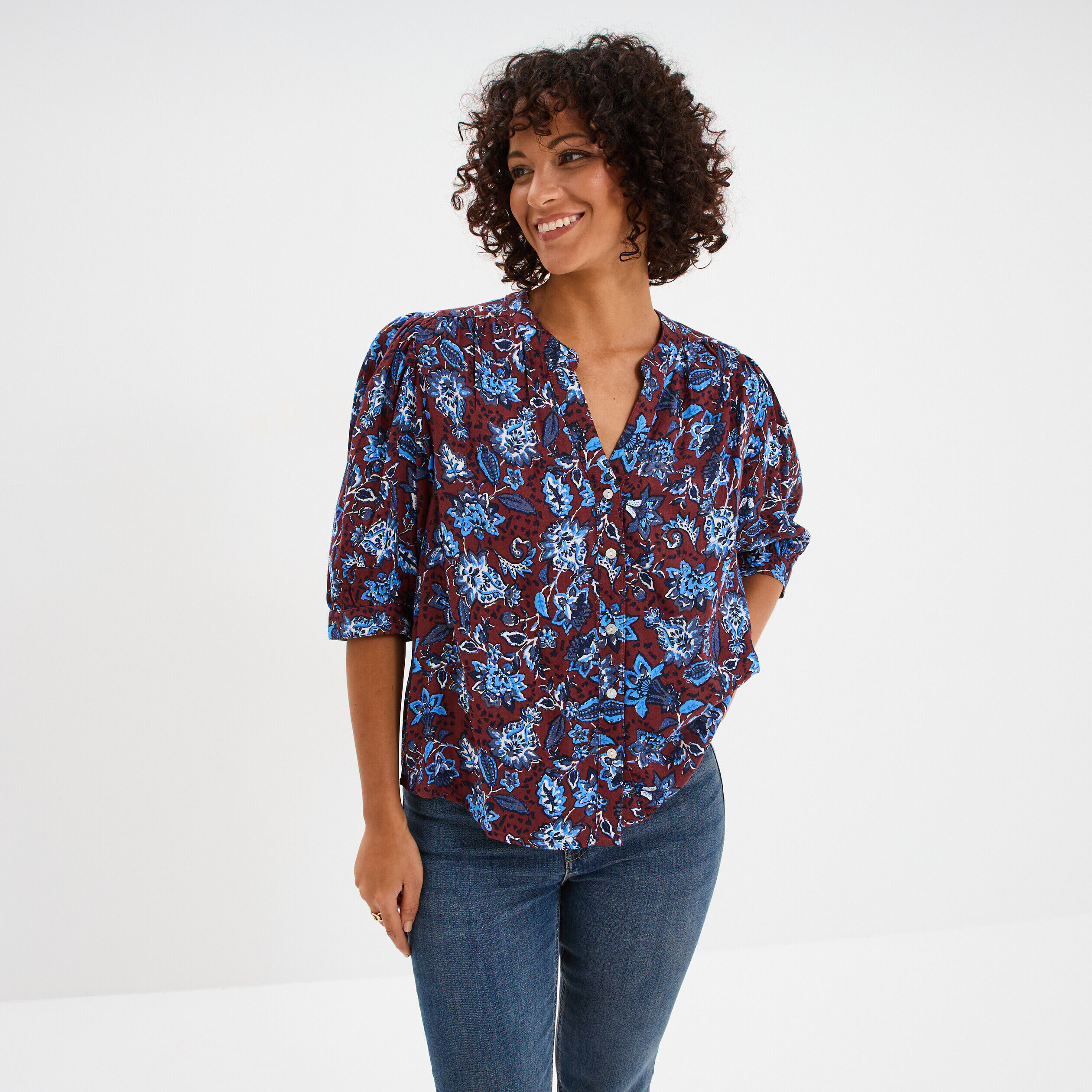 Blouse col tunisien manches 3/4 coton marron femme CREEKS