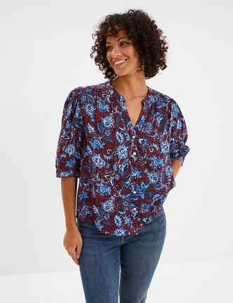 Blouse col tunisien manches 3/4 coton marron femme