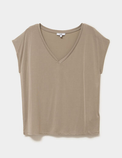 T-shirt col en V manches courtes taupe femme