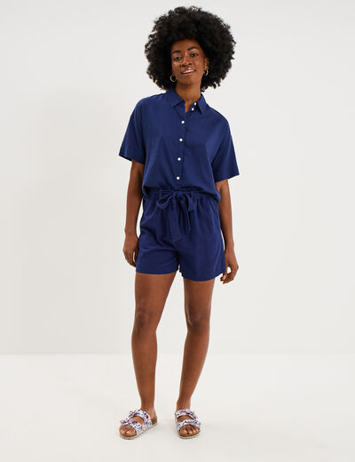 Chemise manches courtes lin m&eacute;lang&eacute; bleu fonc&eacute; femme