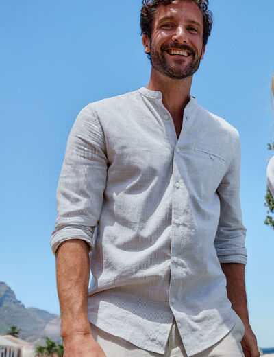 Chemise col mao manches longues coton beige homme