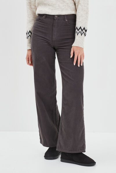 Pantalon velours taille haute large gris foncé femme