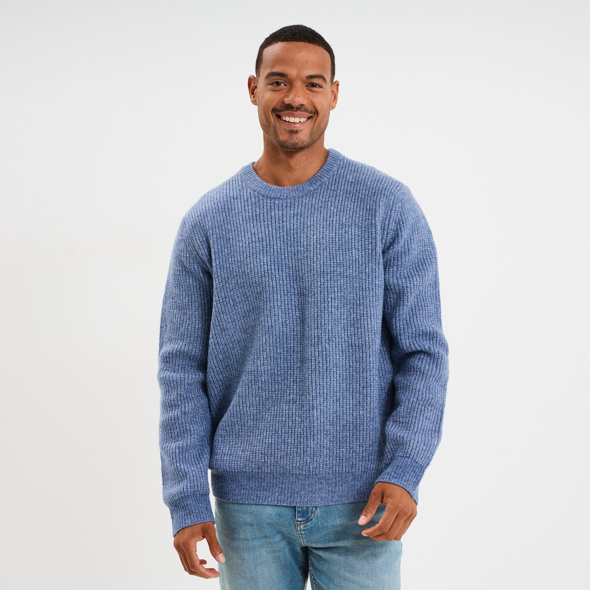 Pull col rond &agrave; manches longues bleu fonc&eacute; homme