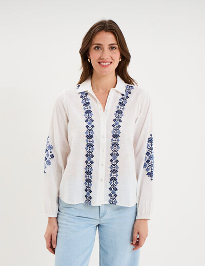 Blouse brod&eacute;e manches longues coton ecru femme