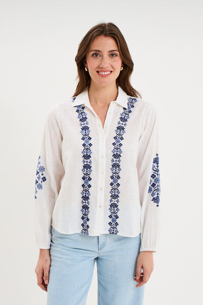 Blouse brod&eacute;e manches longues coton ecru femme