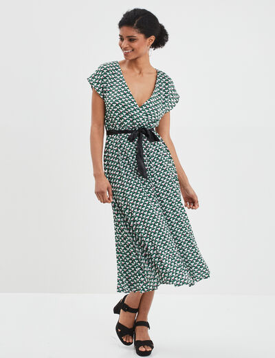 Robe longue évasée plissée et ceinturée vert femme