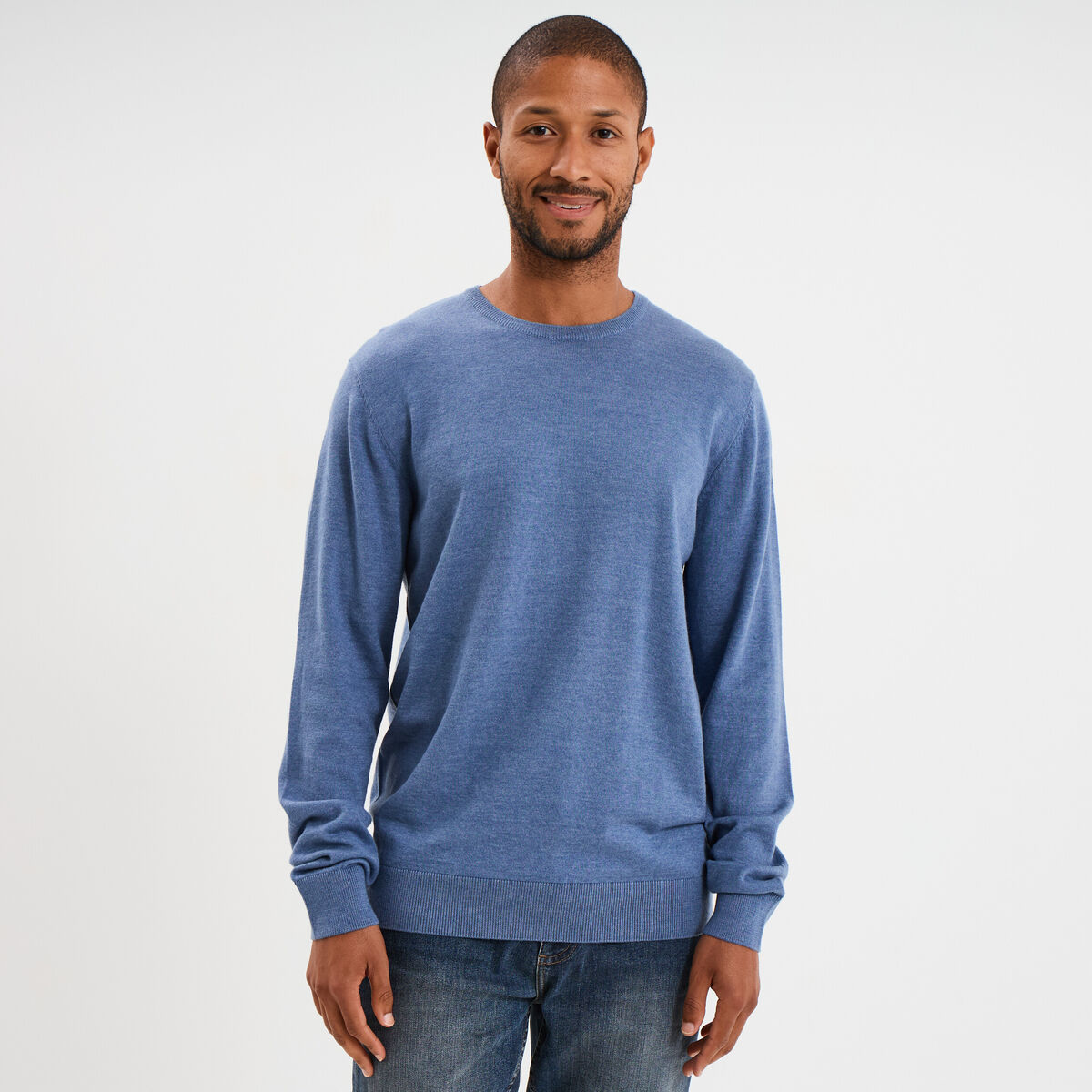 Pull droit col rond coton m&eacute;lang&eacute; bleu fonc&eacute; homme