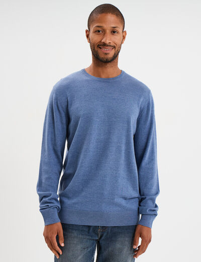 Pull droit col rond coton m&eacute;lang&eacute; bleu fonc&eacute; homme