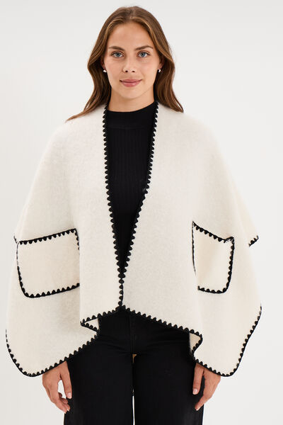 Poncho avec liser&eacute;s contrast&eacute;s ivoire femme