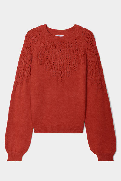 Pull manches ballons détails ajourés rose framboise femme