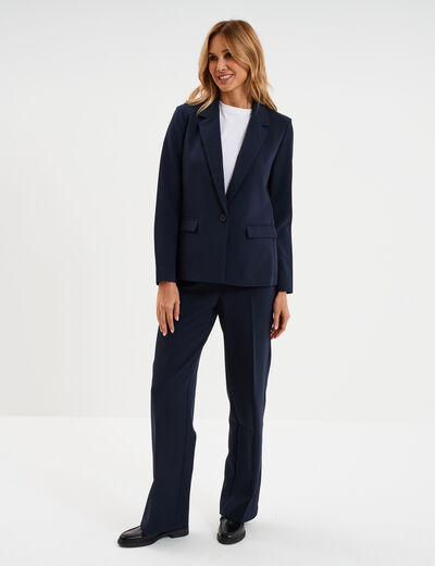 Veste blazer droite manches longues bleu fonc&eacute; femme