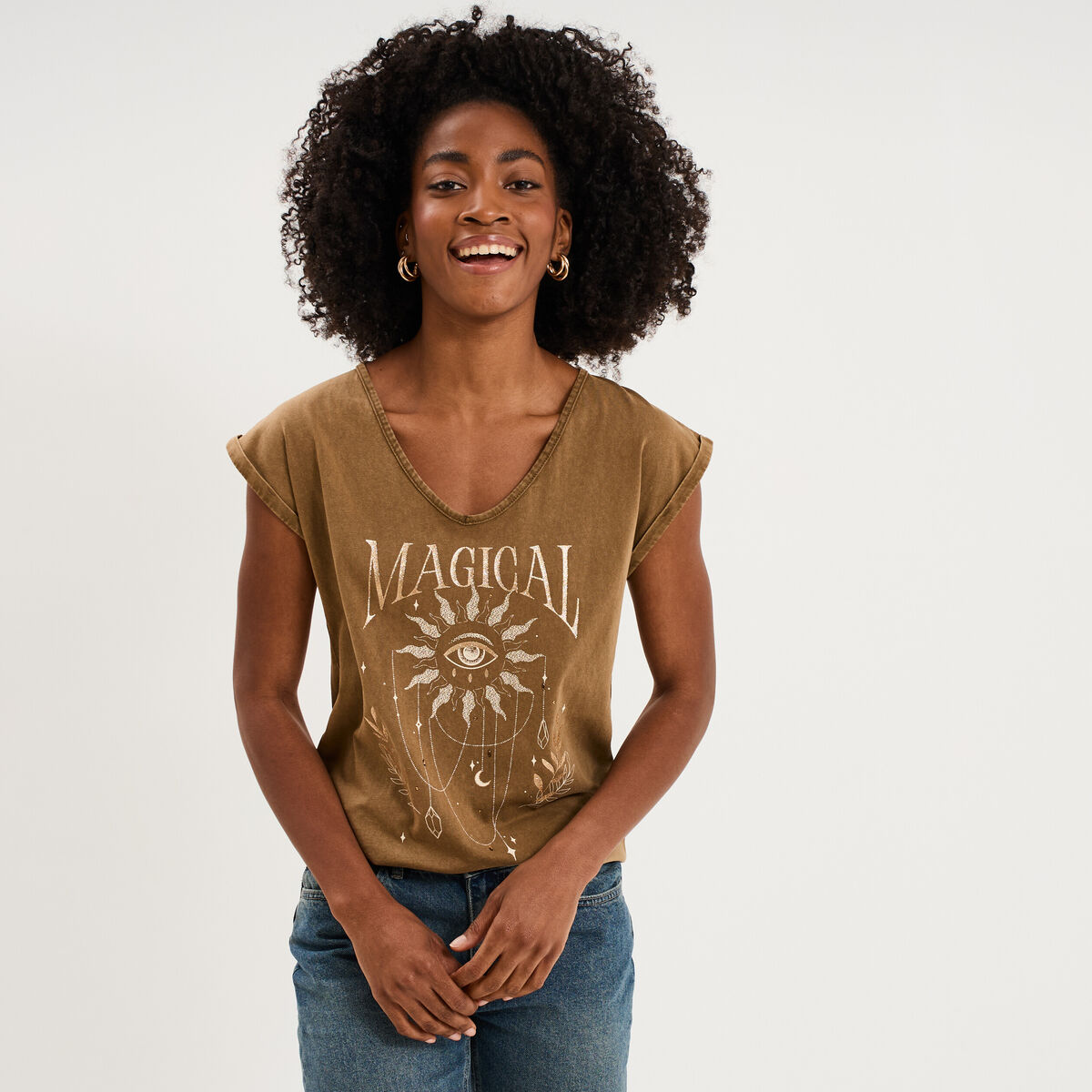 T-shirt coton col en V manches courtes beige femme