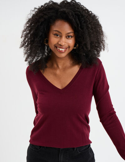 Pull col en V manches longues bordeaux femme