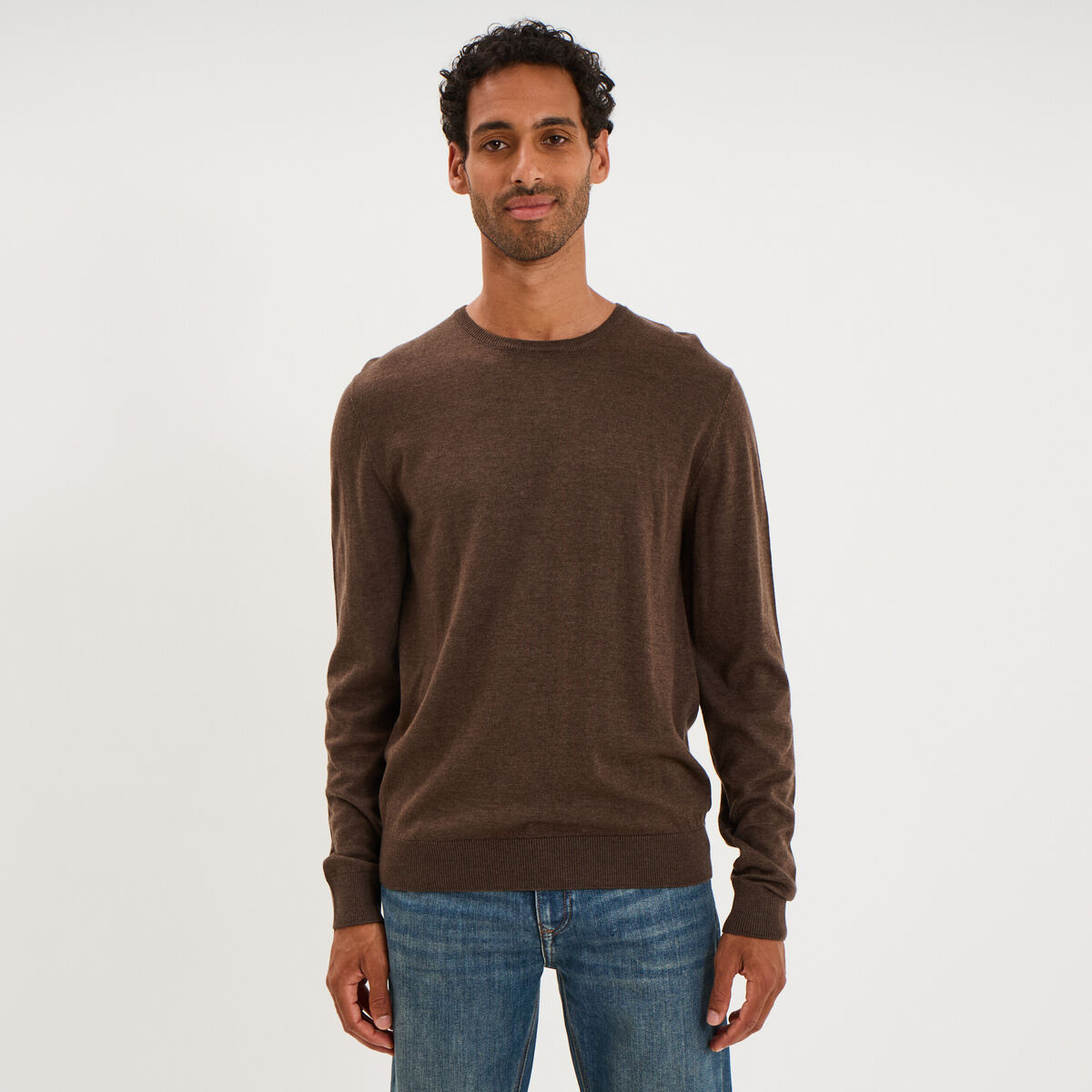 Pull droit col rond coton m&eacute;lang&eacute; marron chocolat homme