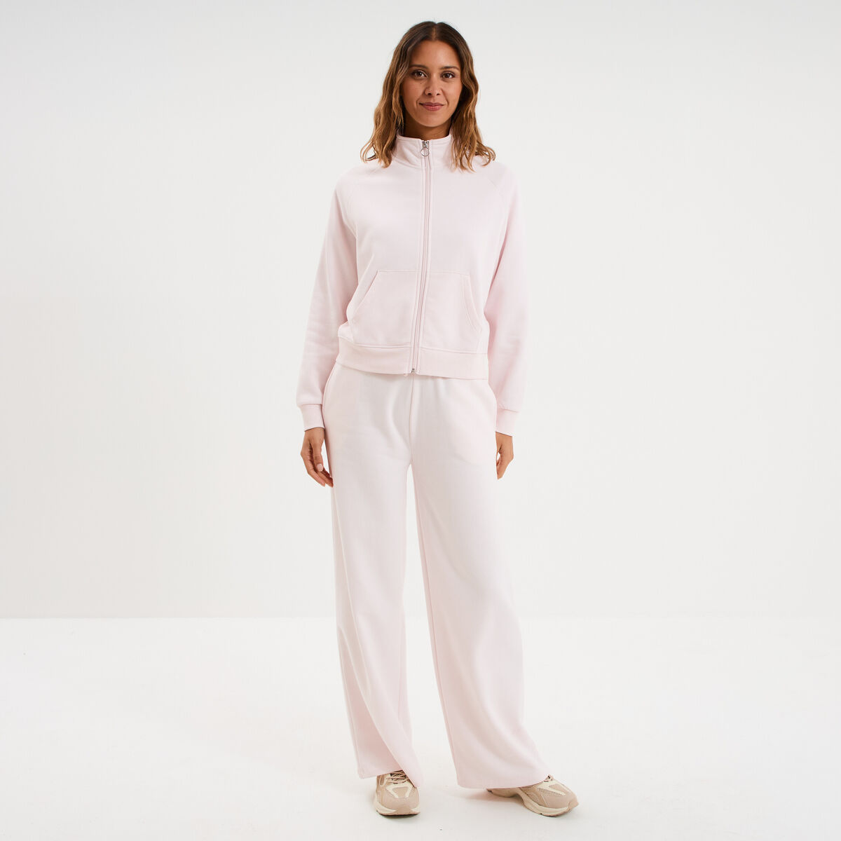 Sweat zipp&eacute; molleton col montant rose clair femme