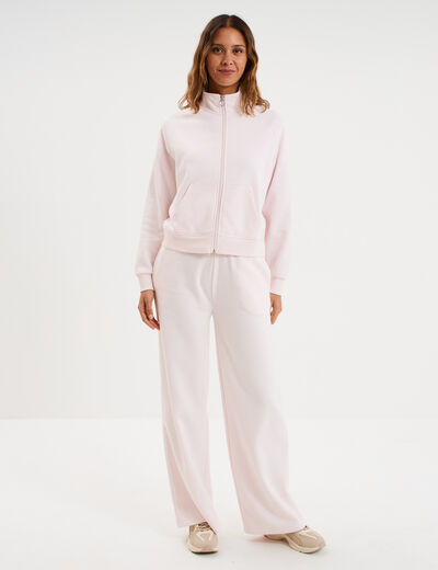 Sweat zipp&eacute; molleton col montant rose clair femme
