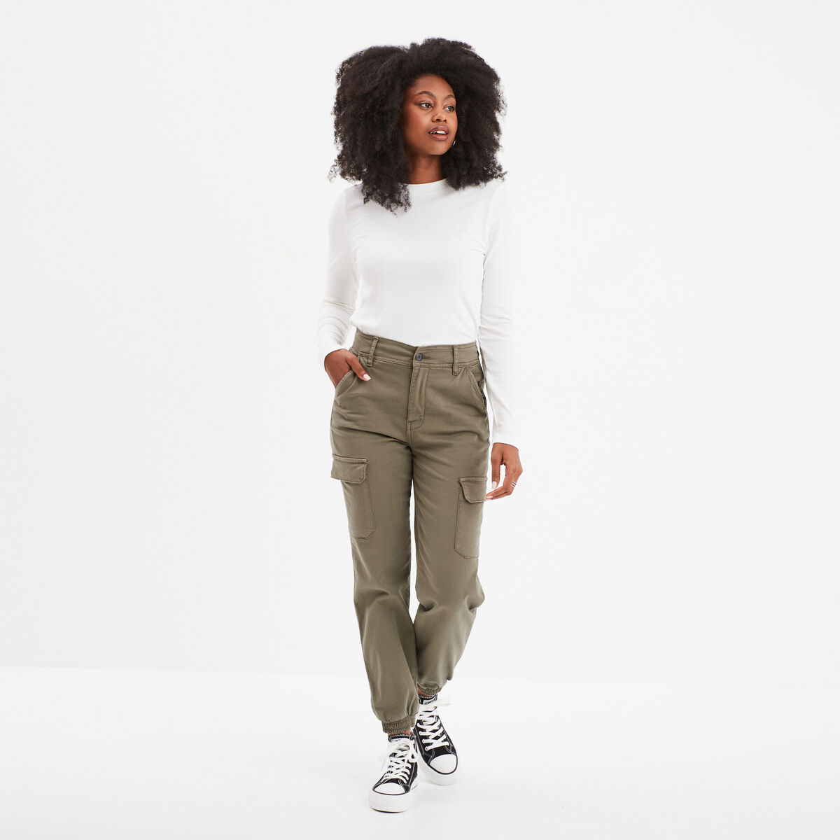 Pantalon cargo taille haute ajustable vert kaki femme