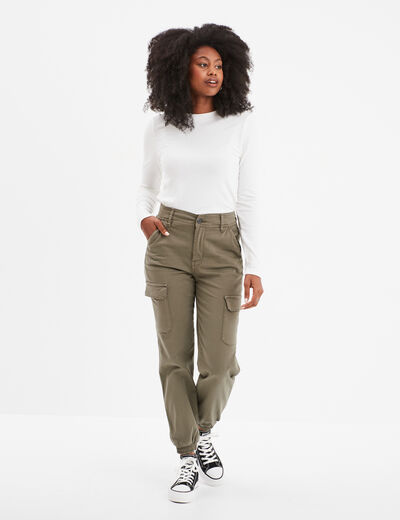 Pantalon cargo taille haute ajustable vert kaki femme