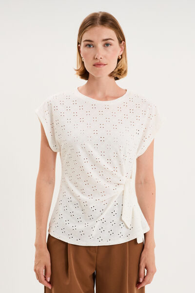 Top broderie anglaise nou&eacute; &agrave; la taille blanc femme