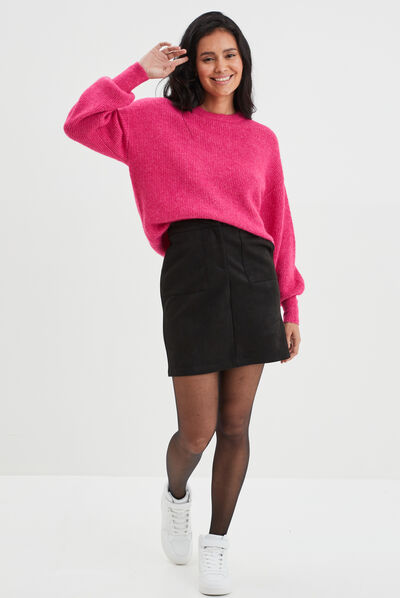 Pull col rond manches ballons rose fushia femme