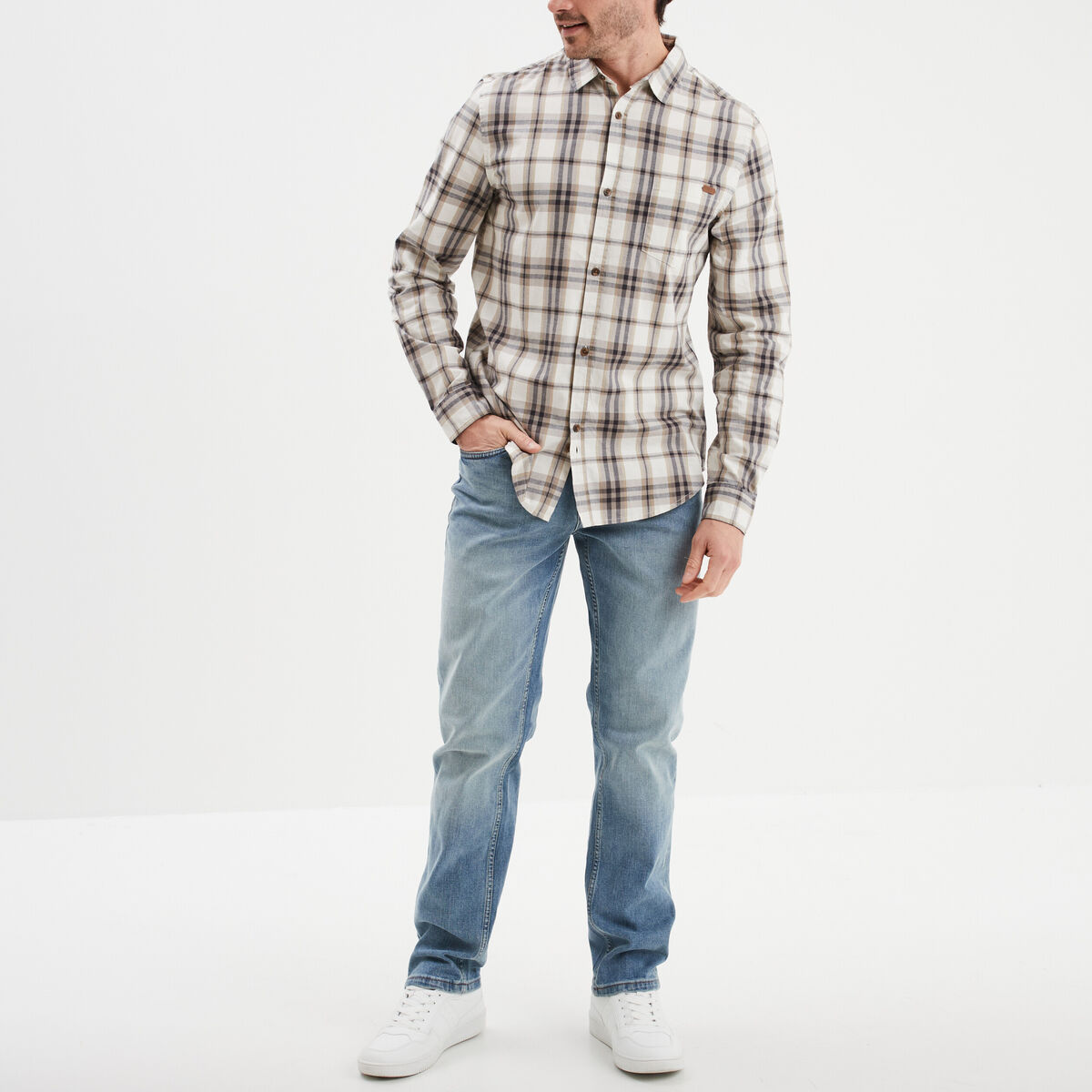 Chemise droite manches retroussées beige homme