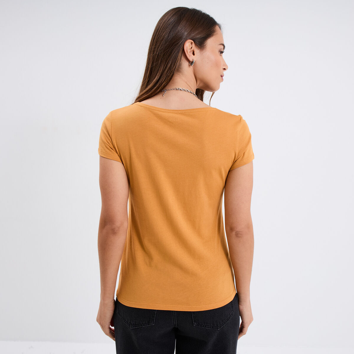 T-shirt coton col rond manches courtes jaune moutarde femme