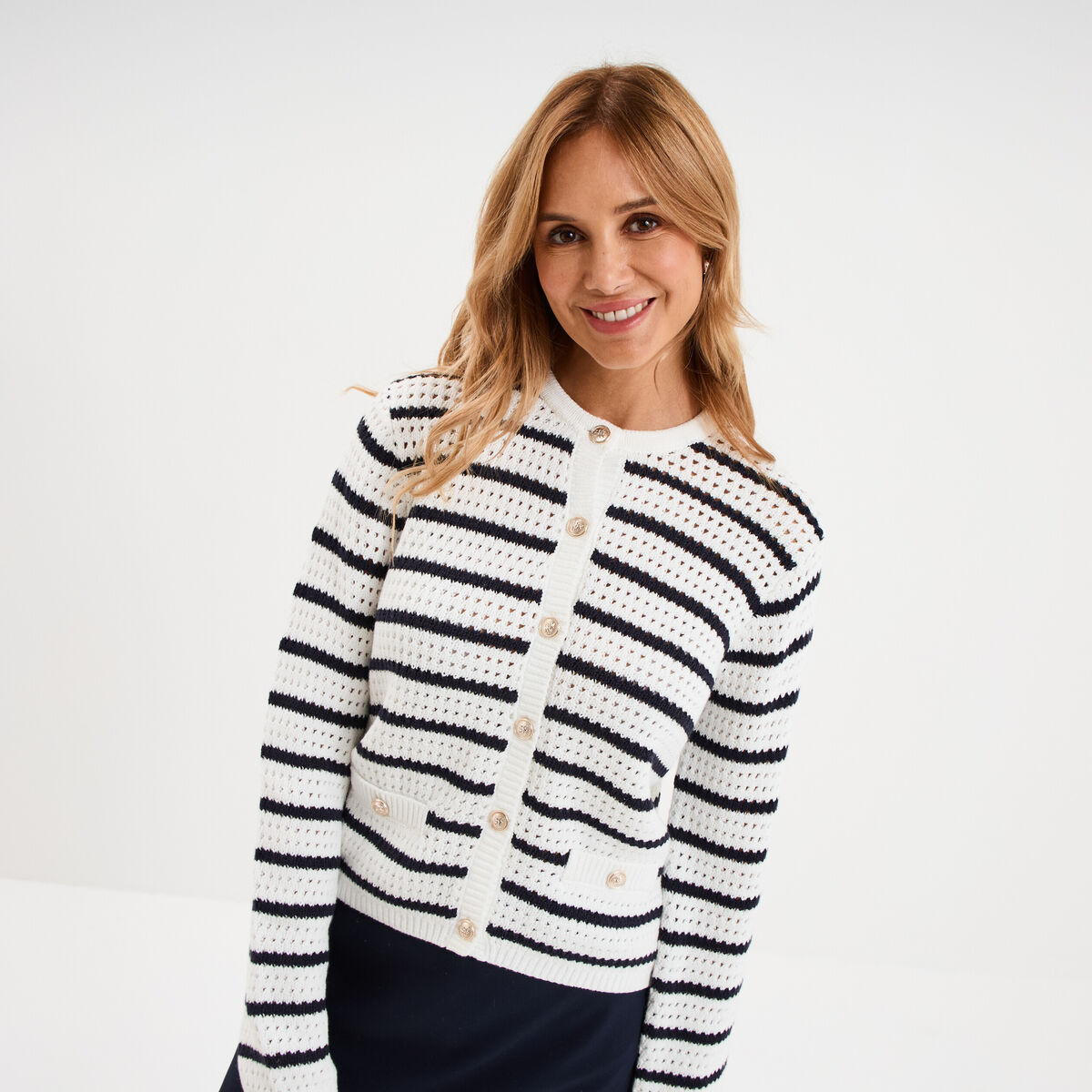 Gilet effet ajour&eacute; manches longues coton ecru femme